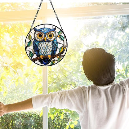 DASTOLL Stained Glass Window Hanging, Owl Gifts for Women Sun Catchers Diamond Glass Panel Hangings Birds Suncatcher Decor for Birthday for Women, Men, Wife, Aunt, and Mom 11.8x11.8 in