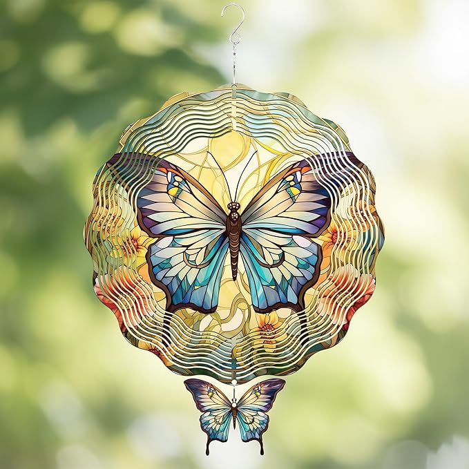 Butterfly Wind Spinners Outdoor - 3D Steel Stainless Flower Hanging Decor Garden Yard Patio Indoor Outside Art Ornaments 12 Inch Kinetic Sculpture Birthday for Women Mom Wife