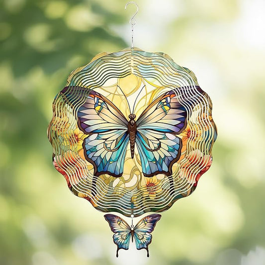 Butterfly Wind Spinners Outdoor - 3D Steel Stainless Flower Hanging Decor Garden Yard Patio Indoor Outside Art Ornaments 12 Inch Kinetic Sculpture Birthday for Women Mom Wife