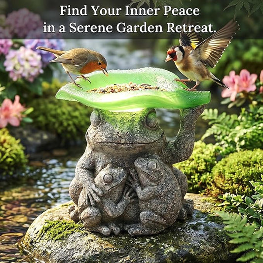 MXwcy Solar Garden Lights Frog Statue Bird Feeder, 7.87" Resin Frog Family Statue Solar Garden Decor, Solar Lights Outdoor Waterproof for Yard Patio Lawn, Frog Gifts for Women Mom Grandma