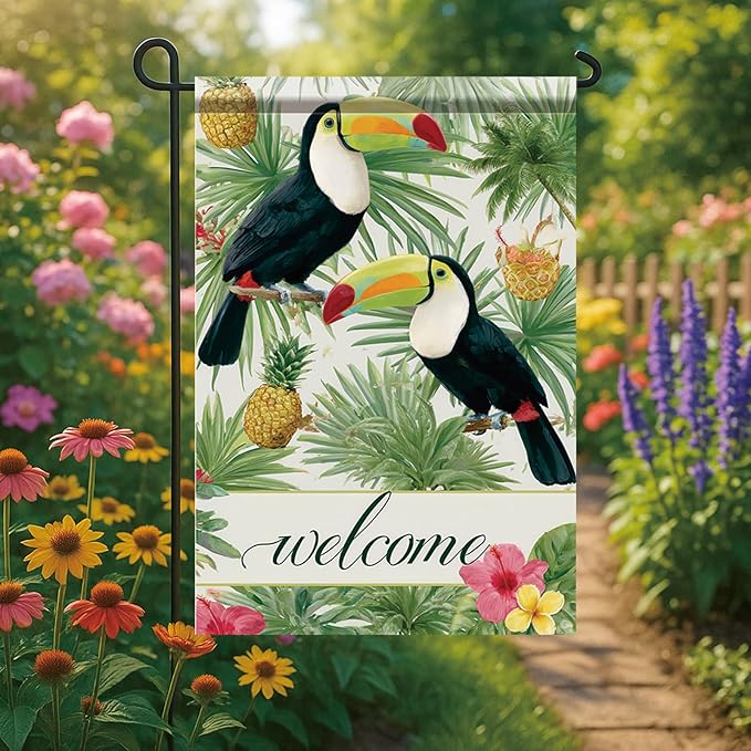 Welcome Toucan Garden Flag Tropical Bird Pineapple Palm Leaves Outdoor Yard Porch Lawn Garden Decor for Summer Island Patio Farmhouse Coastal Seasonal Home Display