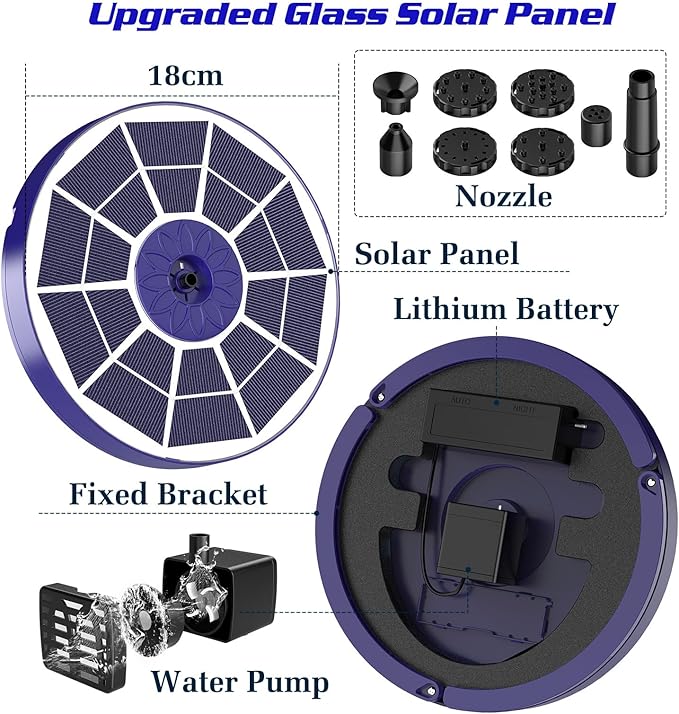 AISITIN 3.5W Solar Fountain Built-in 1800mAh Battery, Solar Bird Bath Fountains with 8 Nozzles, Solar Water Pump for Garden Birdbath Pool Fish Tank Pond and Outdoor (Purple)