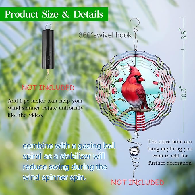 3D Cardinal Wind Spinner 3D Bird Spinners with Flower for Yard and Garden 3D Stainless Steel Cardinal Spinner with Unique Visual Effect Perfect Garden Decoration and Gift 10Inch