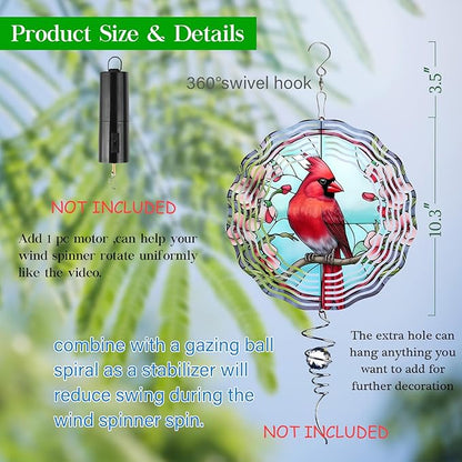 3D Cardinal Wind Spinner 3D Bird Spinners with Flower for Yard and Garden 3D Stainless Steel Cardinal Spinner with Unique Visual Effect Perfect Garden Decoration and Gift 10Inch