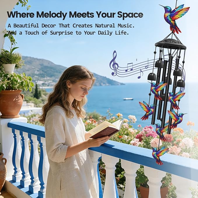AVEKI Metal Hummingbird Wind Chimes for Outside, Gifts for Women Mother's Day Birthday Christmas, Black Wind Chime with 7 Hummingbirds, Outdoor Windchimes Decor for Garden Patio (Hummingbird)
