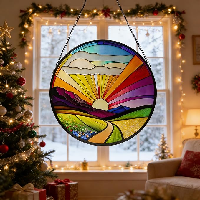 Stained Glass Window Hanging, 9.8 Inch Vibrant Sunrise Landscape Suncatcher Decor Colorful Pastoral Sun Catcher for Windows Home, Garden, Porch Decor