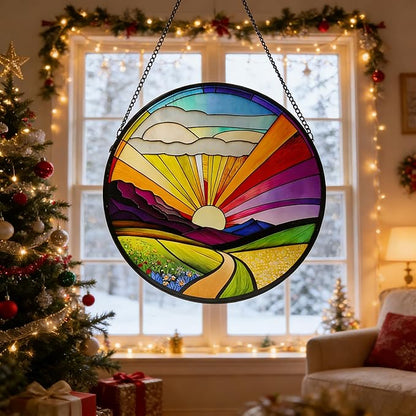 Stained Glass Window Hanging, 9.8 Inch Vibrant Sunrise Landscape Suncatcher Decor Colorful Pastoral Sun Catcher for Windows Home, Garden, Porch Decor
