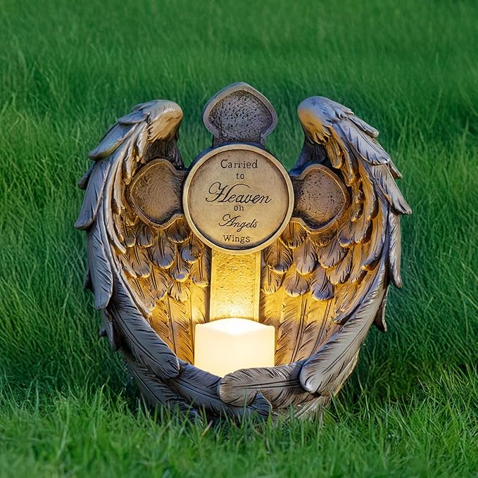 12“ Angel Wings Embracing Cross Solar Flameless LED Candles Outdoor Garden Memorial Statue for Garden Decoration Yard Art, A Touching Memorial Gift & Condolence Gifts Grave Decorations for Cemetery