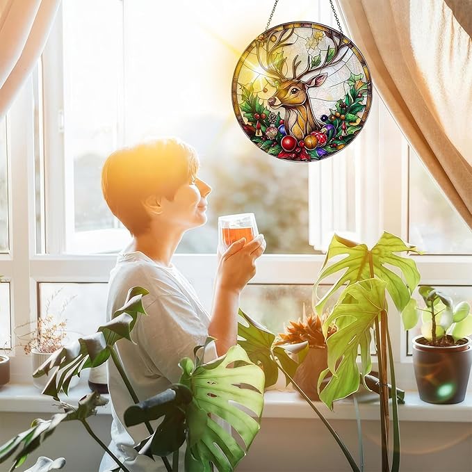 Bimkole Deer Stained Glass Suncatcher Window Hanging - Animal Indoor Window or Doorway Decoration - Handmade Sun Catcher Decor for Garden Home Christmas & Birthday Gifts 7.87x7.87 inch