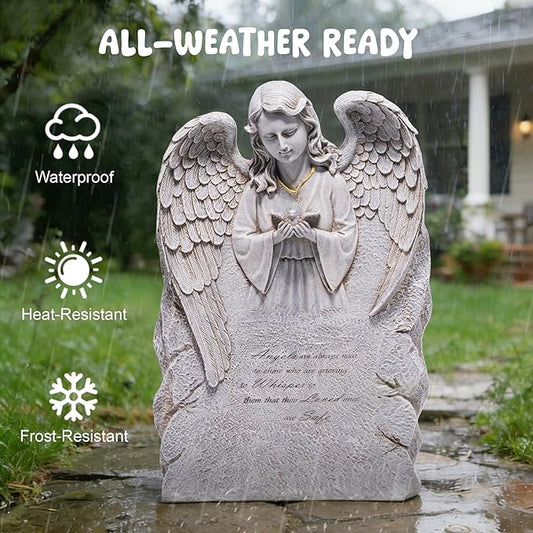 basen Memorial Angel Statue for Grave, Praying Angel Garden Statue with Engraved Message, Resin Cemetery Decoration for Outdoor Yard Lawn, Remembrance Angel Figurine Sympathy Gift