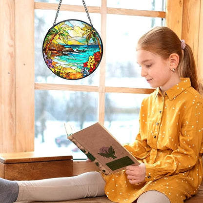 kdqua Tropical Beach Suncatcher Stained Glass Window Hanging, Coastal Ocean Beach Sun Catchers Indoor Window Glass Round Wall Decor, Beachy Wall Art Hanging Decorations Statues, 7.9x7.9in