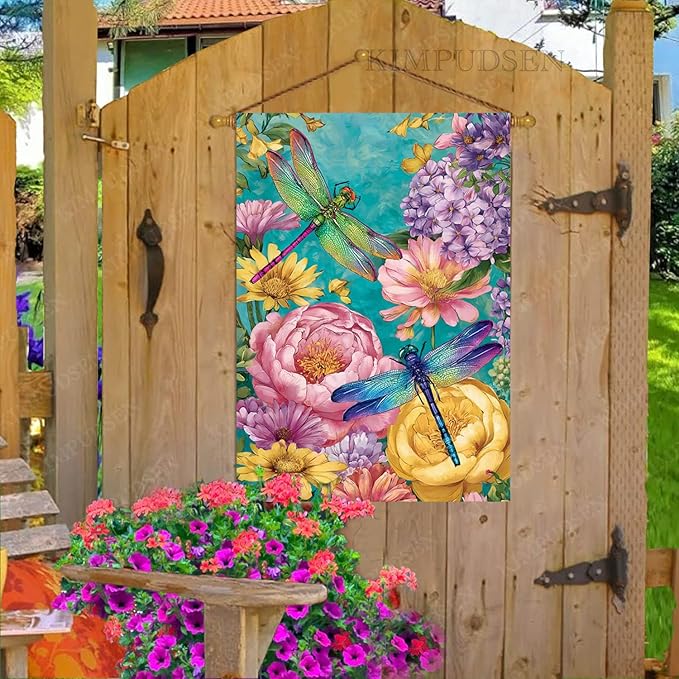 Spring Dragonfly House Flag Burlap 28x40 Inch Double Sided for Outside, Large Yard Flag for Seasonal Outdoor Decoration