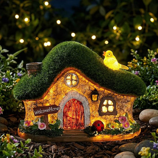 Resin Fairy House Statues with Solar Lights Outdoor for Garden Decor Funny Birds Ladybird Flocked Fairy House with Garden Figurine Patio Yard Lawn Decorations Gift for Mom Women (Green)