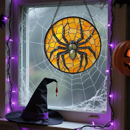 Stained Glass Window Hanging - Halloween Decorations Black Spider Suncatcher for Doors Garden Indoor Spooky Funny Sun Catchers Gothic Decor Horror Gifts for Women Men Friend 6.3 in