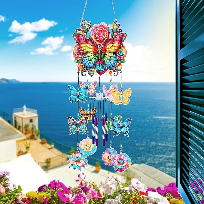 DIY Wind Chime Pendant Spring 3D Diamond Art Painting Hanging Ornament Double Sided Diamond Suncatchers for Window Home Backyard Garden Wall Door Decor (Butterfly05)
