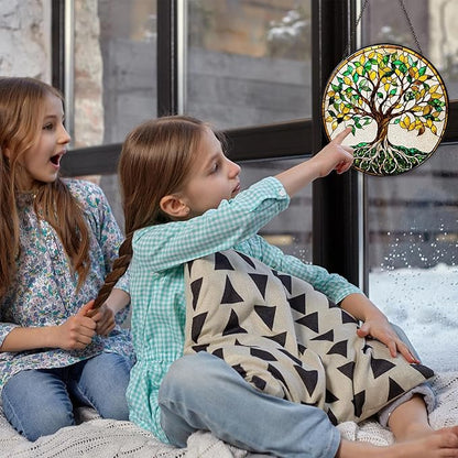 Tree of Life Stained Glass Window Hanging World Tree Sun Catcher Gifts for Women Handmade Suncatchers Decoration for Garden Home Windows Hanging Protection Charm, 7.87inch