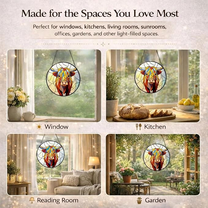 Highland Cow Suncatcher Window Hanging, 7.87" Stained Glass Decor, Meaningful Gift for Family, Friends and Loved Ones, Rustic Home Decor for Window, Wall, Living Room, Sunroom and Garden