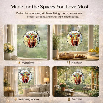 Highland Cow Suncatcher Window Hanging, 7.87" Stained Glass Decor, Meaningful Gift for Family, Friends and Loved Ones, Rustic Home Decor for Window, Wall, Living Room, Sunroom and Garden