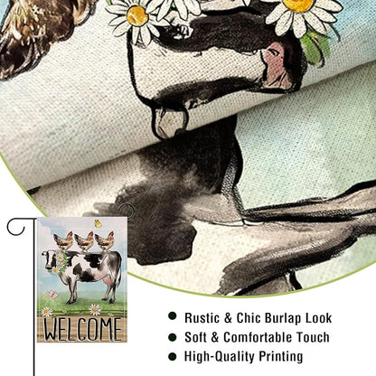 Artofy Welcome Spring Summer Farm Animals Small Decorative Garden Flag, Cow Chicken Hen Farmhouse Yard Lawn Outside Decor, Rustic Burlap Outdoor Home Decoration Double Sided 12 x 18