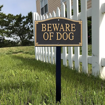 SmartSign Designer Beware of Dog Plaque/Marker/Sign with Stake 18" Tall | 5.75" x 9.5" Aluminum Metal Sign for Yard/Lawn, Gold & Black, Alumi-Shield Coating, Made in USA