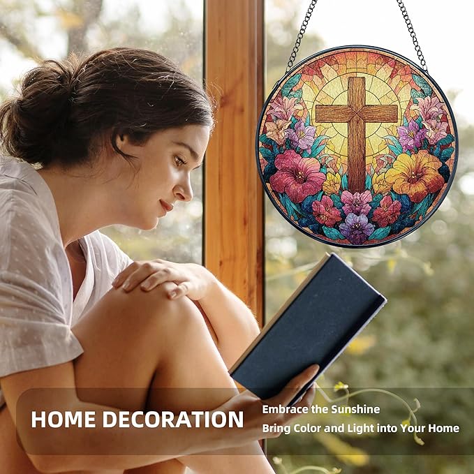 Christian Cross Flower Stained Glass Window Hanging, Cross Suncatcher, Religious Wildflower Christian Sun Catchers Indoor Window Glass Wall Art Hanging Decorations, 7.9x7.9in