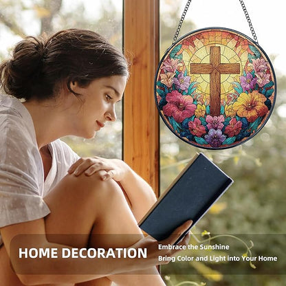 Christian Cross Flower Stained Glass Window Hanging, Cross Suncatcher, Religious Wildflower Christian Sun Catchers Indoor Window Glass Wall Art Hanging Decorations, 7.9x7.9in