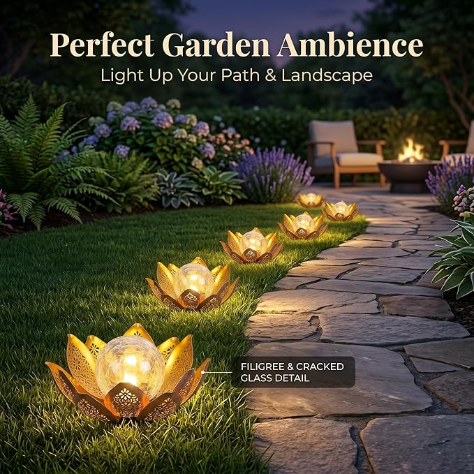 DUSVALLY Lotus Solar Globe LED Light Garden Decoration, Outdoor IP65-Waterproof Crack Glass Solar Flower Lamp Hollow Out Retro Golden Metal Light for Patio, Lawn & Pathway Landscape, 12" W * 6" H