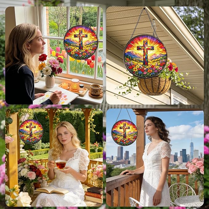 Rngmsi Stained Glass Window Hanging, 7.8″ Cross Christian Sun Catchers with Hook Indoor Window Decor, Decorative Suncatchers Hanging Ornaments Home Garden Art Gift for Housewarming