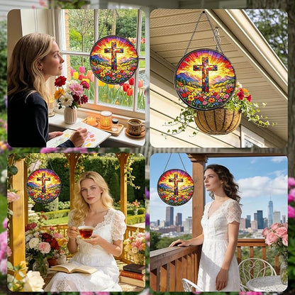 Rngmsi Stained Glass Window Hanging, 7.8″ Cross Christian Sun Catchers with Hook Indoor Window Decor, Decorative Suncatchers Hanging Ornaments Home Garden Art Gift for Housewarming