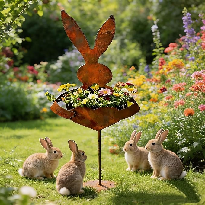 EPMANN Easter Vintage Metal Rabbit Shaped Planter Garden Stake, Rustic Patina Finish Bunny Decor for Outdoor Garden Yard, Decorative Stake for Small Flowers Succulents Spring Displays