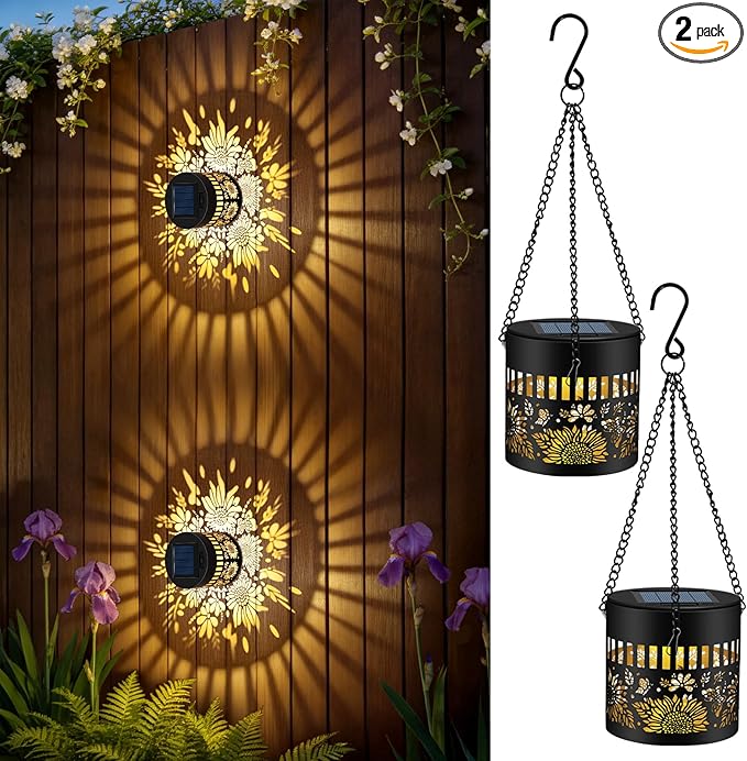 Forlivese 2 Pack Solar Fence Lights Outdoor, Metal Solar Powered Wall Deck Step Lights Sunflower Theme, Hanging LED Waterproof Decorative Lighting for Garden Patio Backyard Post Decor, Gifts for Mom