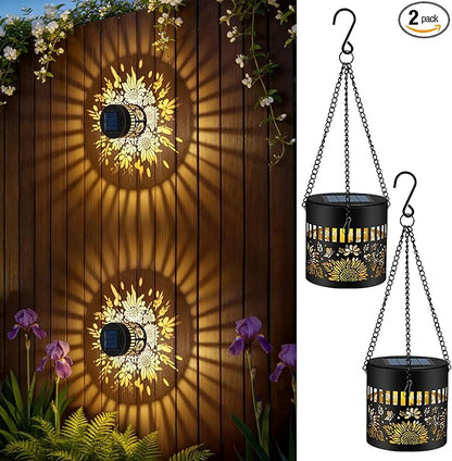 Forlivese 2 Pack Solar Fence Lights Outdoor, Metal Solar Powered Wall Deck Step Lights Sunflower Theme, Hanging LED Waterproof Decorative Lighting for Garden Patio Backyard Post Decor, Gifts for Mom