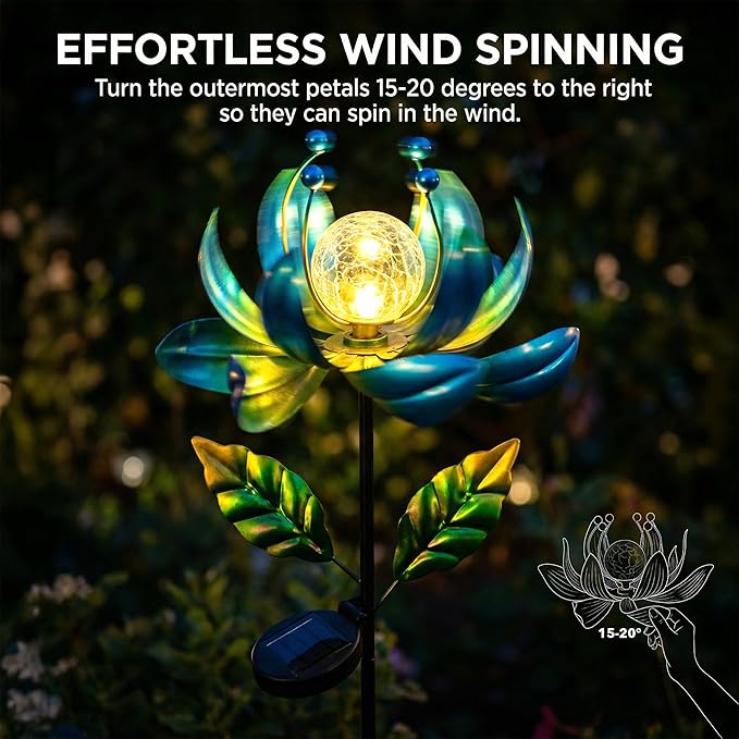 Solar Wind Spinner Outdoor Metal - Kinetic Lotus Flower Garden Sculptures & Spinners with Crackle Glass Lighting, 360° Spinning Yard Art Decor for Patio, Lawn, Pathway, Gifts for Women
