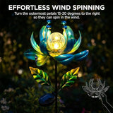 Solar Wind Spinner Outdoor Metal - Kinetic Lotus Flower Garden Sculptures & Spinners with Crackle Glass Lighting, 360° Spinning Yard Art Decor for Patio, Lawn, Pathway, Gifts for Women