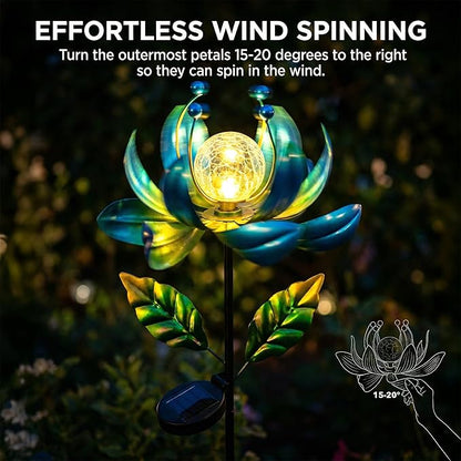 Solar Wind Spinner Outdoor Metal - Kinetic Lotus Flower Garden Sculptures & Spinners with Crackle Glass Lighting, 360° Spinning Yard Art Decor for Patio, Lawn, Pathway, Gifts for Women