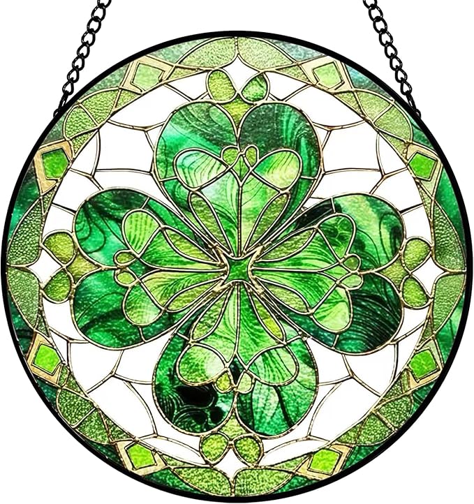 Four-Leaf Clover Suncatcher Stained Glass Window Hanging - 8 Inch Green Clover Sun Catchers Shamrock Suncatchers for Windows Hanging - St Patricks Day Decorations Glass Panel Irish Gift for Women Men