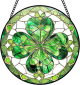 Four-Leaf Clover Suncatcher Stained Glass Window Hanging - 8 Inch Green Clover Sun Catchers Shamrock Suncatchers for Windows Hanging - St Patricks Day Decorations Glass Panel Irish Gift for Women Men