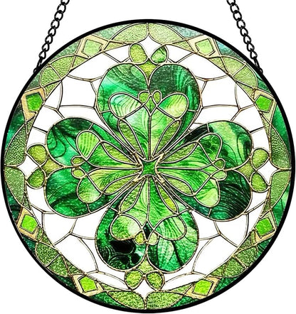Four-Leaf Clover Suncatcher Stained Glass Window Hanging - 8 Inch Green Clover Sun Catchers Shamrock Suncatchers for Windows Hanging - St Patricks Day Decorations Glass Panel Irish Gift for Women Men