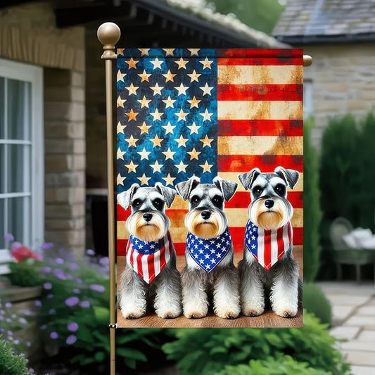 BlissYard Patriotic Schnauzer Garden Flag 12x18 Inch Double Sided Vertical Cute Puppy Small Yard Flag American Flag Dog Outdoor Decor Lawn Garden Banner 4th of July Independence Day Decoration