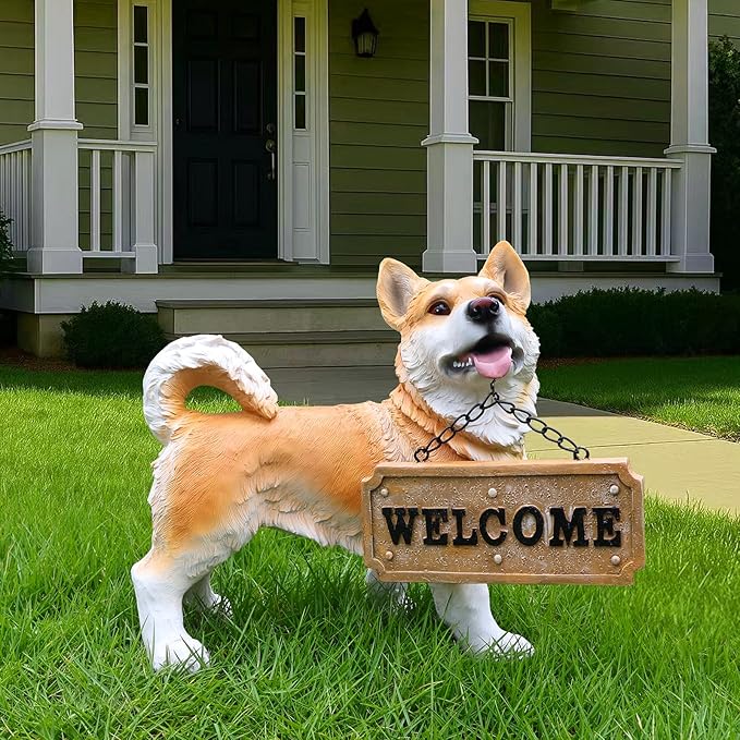 Outdoor Husky Dog Statue with Interchangeable Welcome sign and Detachable Solar Lantern –LED Light Garden Dog Sculpture Décor Garden Statue Outdoor dog statue Cute Puppy Design for Yard Porch Gift