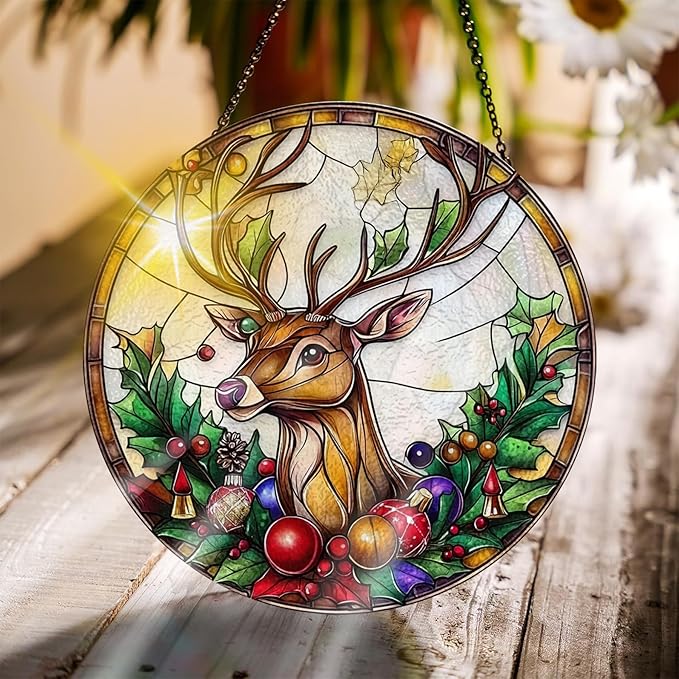Bimkole Deer Stained Glass Suncatcher Window Hanging - Animal Indoor Window or Doorway Decoration - Handmade Sun Catcher Decor for Garden Home Christmas & Birthday Gifts 7.87x7.87 inch