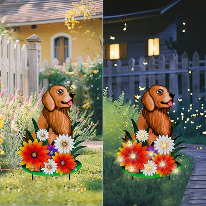 WONDER GARDEN Decorative Garden Stakes - Lighted Dog and Flower Yard Sign Stakes Spring Signs for Outdoor, Porch, Yard,Flower Bed Decor