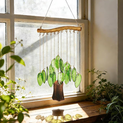 YU FENG Natural Green Leaf Glass Wind Chime, Handcrafted with Iron Wood-Look Hanging Bar, Metal Chime, Hanging Decor for Patio, Window & Garden