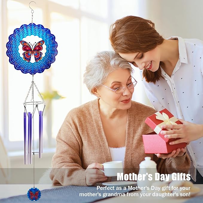 Wind Chimes with Butterfly Wind Spinner, Mom Gifts for Mom Women Grandma Birthday Retirement Teacher, 31" Windchimes Outdoor Decor Hanging Mobile for Garden Porch Patio Backyard