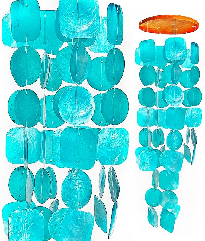 Bellaa Handmade Wind Chimes Outdoor, Musical, Garden Decorations, Beach, Ocean, Breeze, Gifts for Mom, Outside Windchimes, 63pcs, Capiz, Shells, Sea, Glass, Wood, Turquoise, 20744