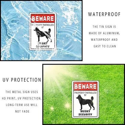 snowsun Vintage Metal Dog Signs Beware Property Patrolled By Husky Security Funny Tin Sign Wall Decor for Home Yard Garden Farm Street Outside 8×12 Inches