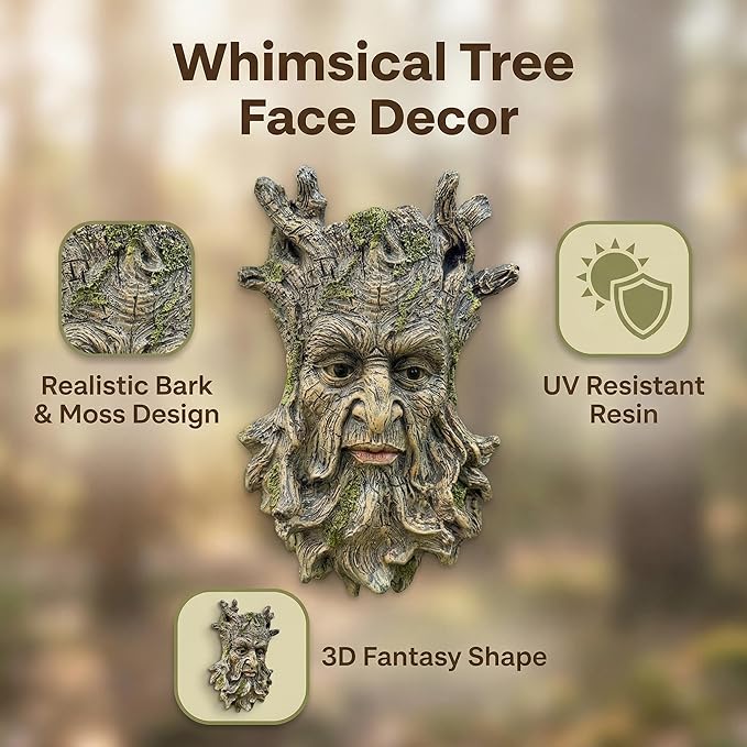 Whimsical Tree Face Garden Statues Outdoor Decor – Funny Old Man Tree Hugger Wall Sculpture with Moss, Fairy Art Fence Hanging Resin Ornament, Outdoor Wall Mounted Sculpture for Patio Lawn & Home