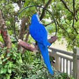 Hanging Scarlet Macaw Parrot Perching on Branch in Metal Round Ring for Home Patio Garden Decor 16" H (Blue and Yellow)