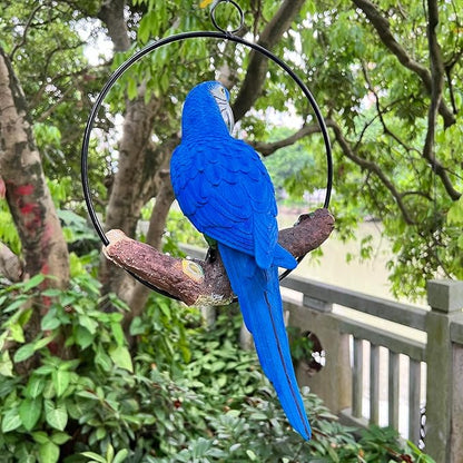 Hanging Scarlet Macaw Parrot Perching on Branch in Metal Round Ring for Home Patio Garden Decor 16" H (Blue and Yellow)