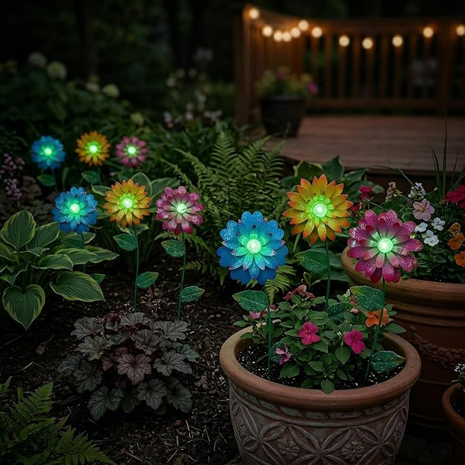 TZSSP 3-Pack Floral Garden Stakes Decor Tricolor Outdoor Glow in Dark,14 inch Metal Flowers Outdoor Decor Waterproof Metal Flower Sticks for Patio, Lawn, Yard Decorations